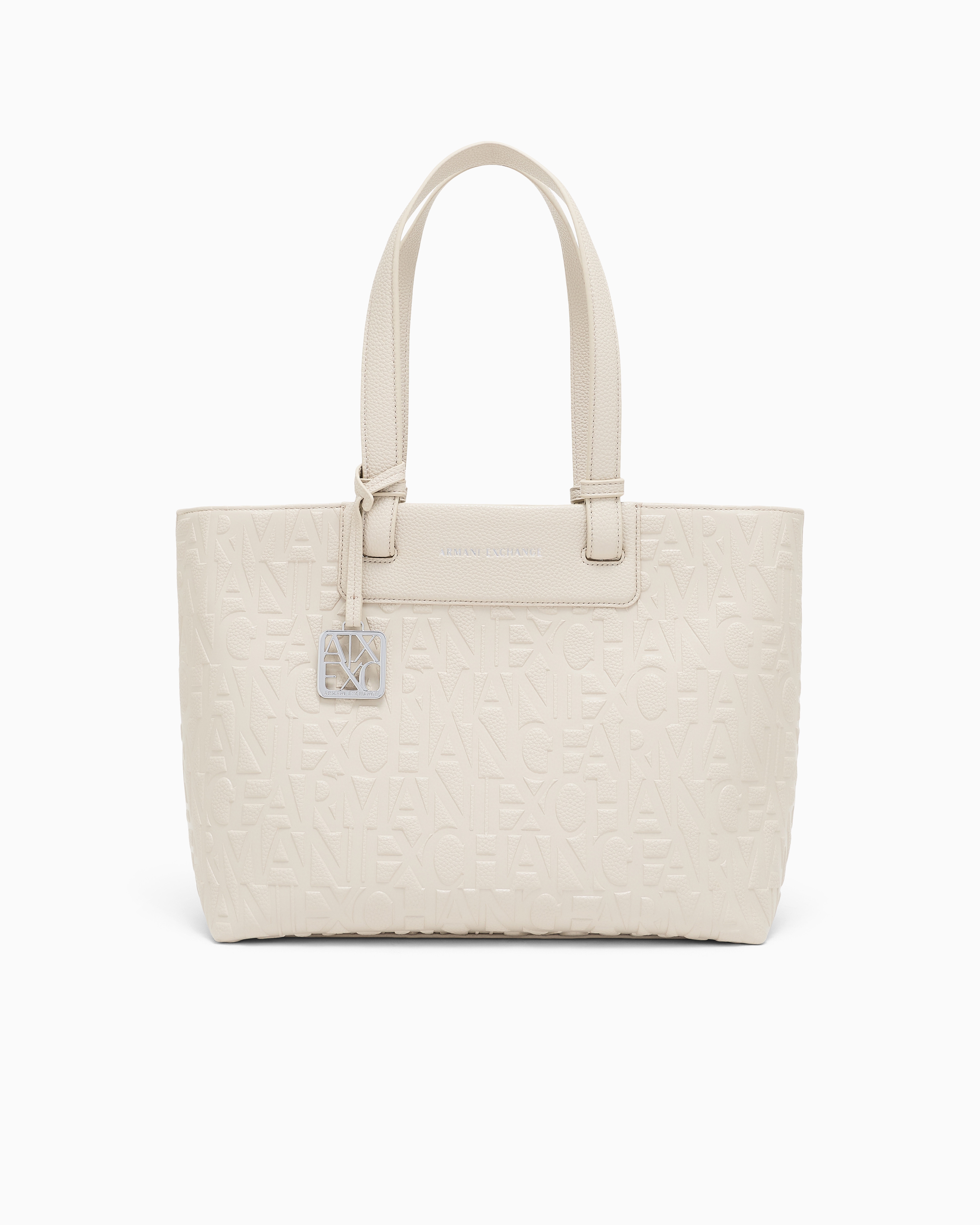 Bolso shopping logotipo en relieve y colgante metálico marfíl